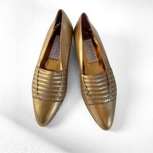 Vintage 80s Joan And David Pointy Toe Flats Low Wedge Metallic Leather Gold 7